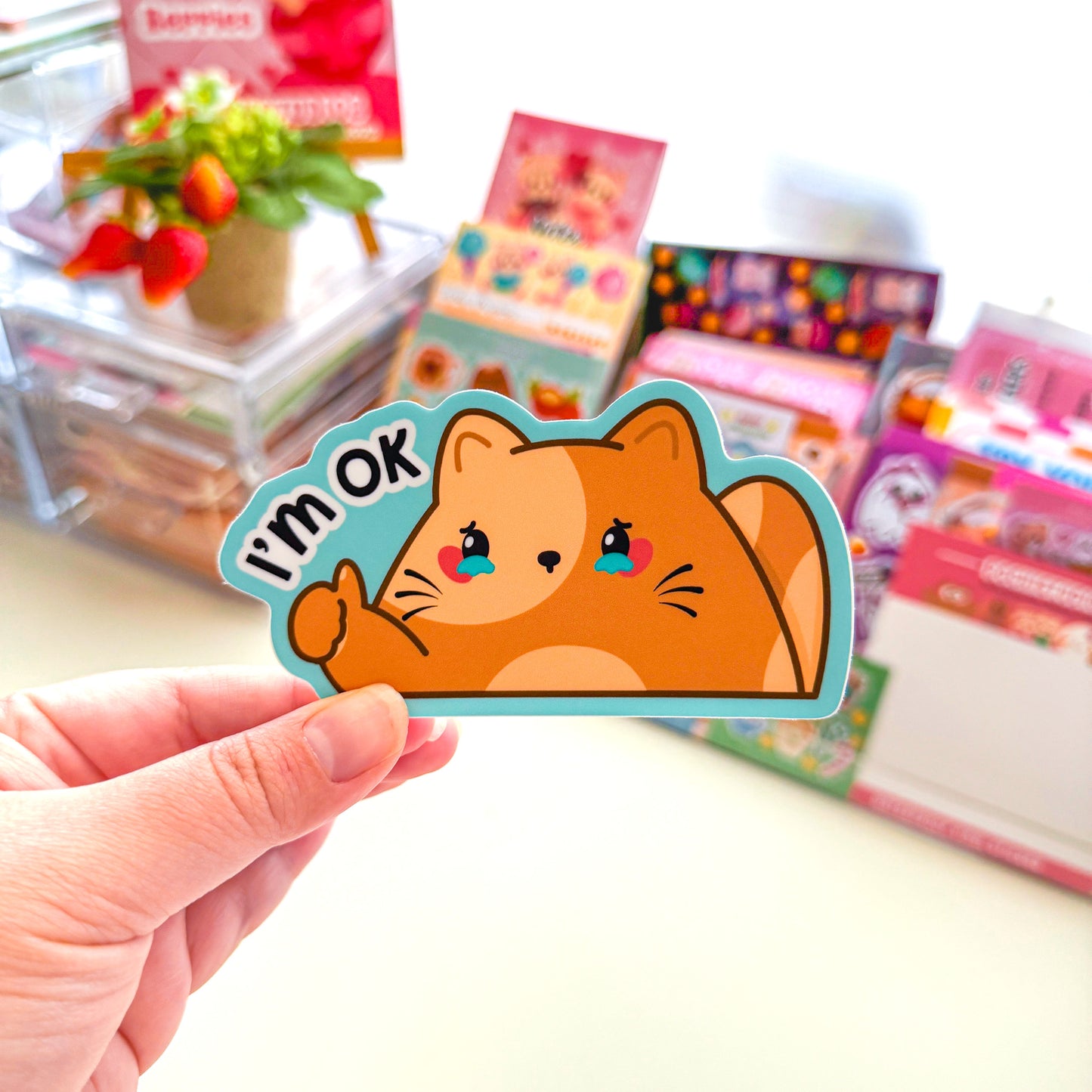 Funny Meme Brown Cat "I'm Ok" Waterproof Vinyl Die-cut Sticker