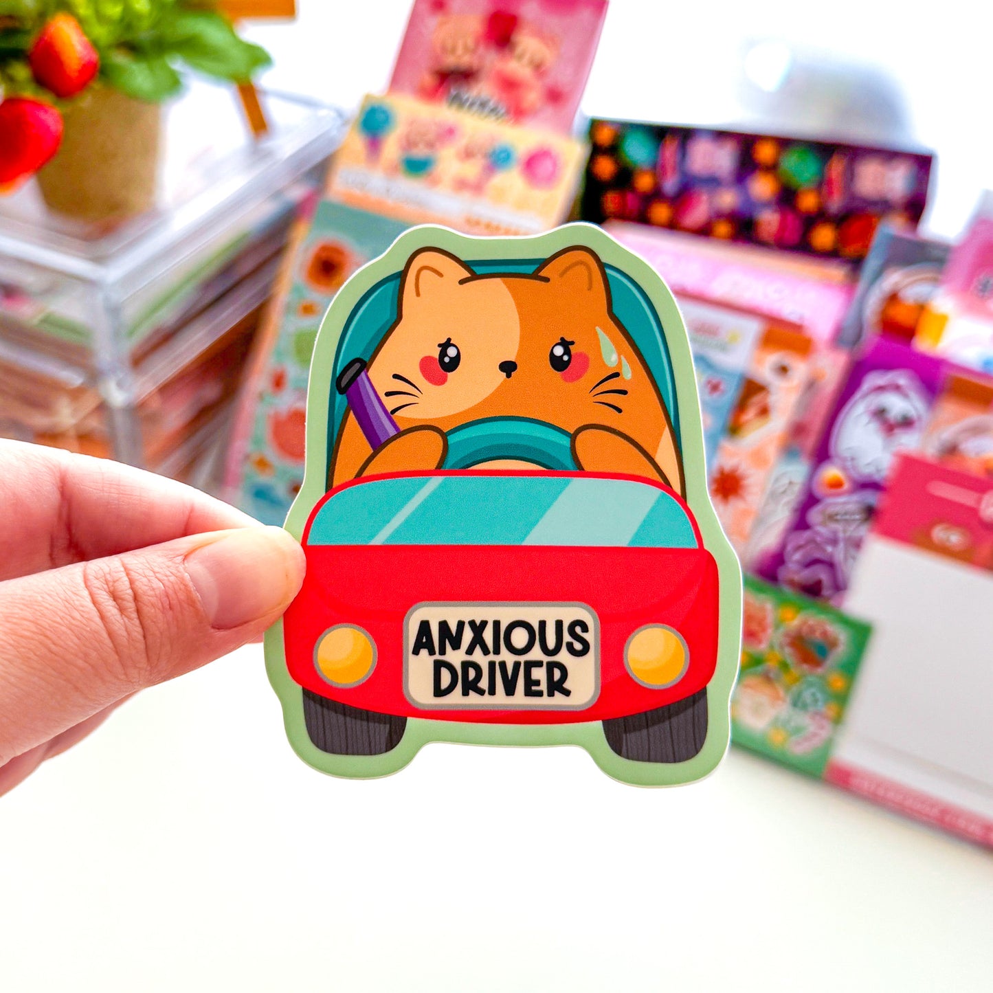 Cute Chubby Chubbs Brown Cat "Anxious Driver" Waterproof Vinyl Die-cut Sticker