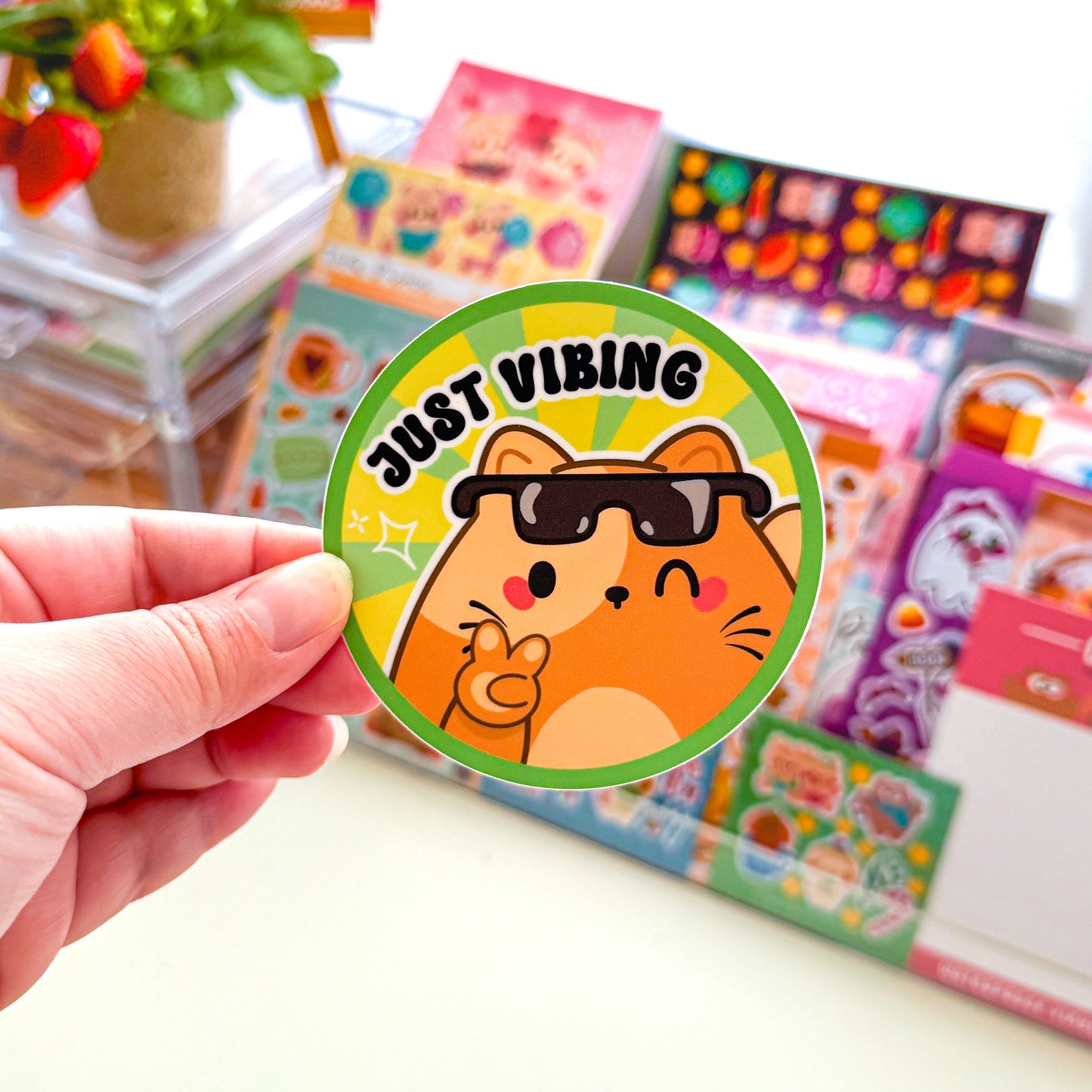 Funny Chubby Chubbs Brown Cat "Just Vibing" Waterproof Vinyl Die-Cut Sticker