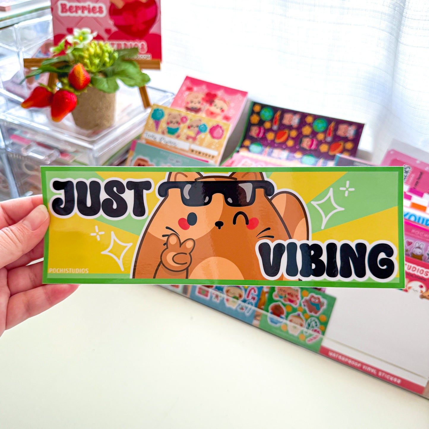 Funny Chubby Brown Cat "Just Vibing" 3x8 inch Waterproof Glossy Bumper Sticker