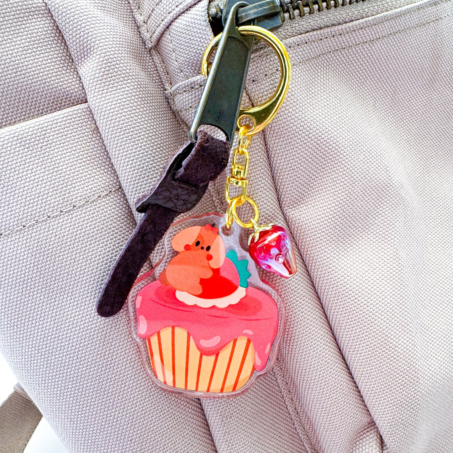 Cute Nina Puppy Dog Strawberry Cupcake Linked Acrylic Keychain