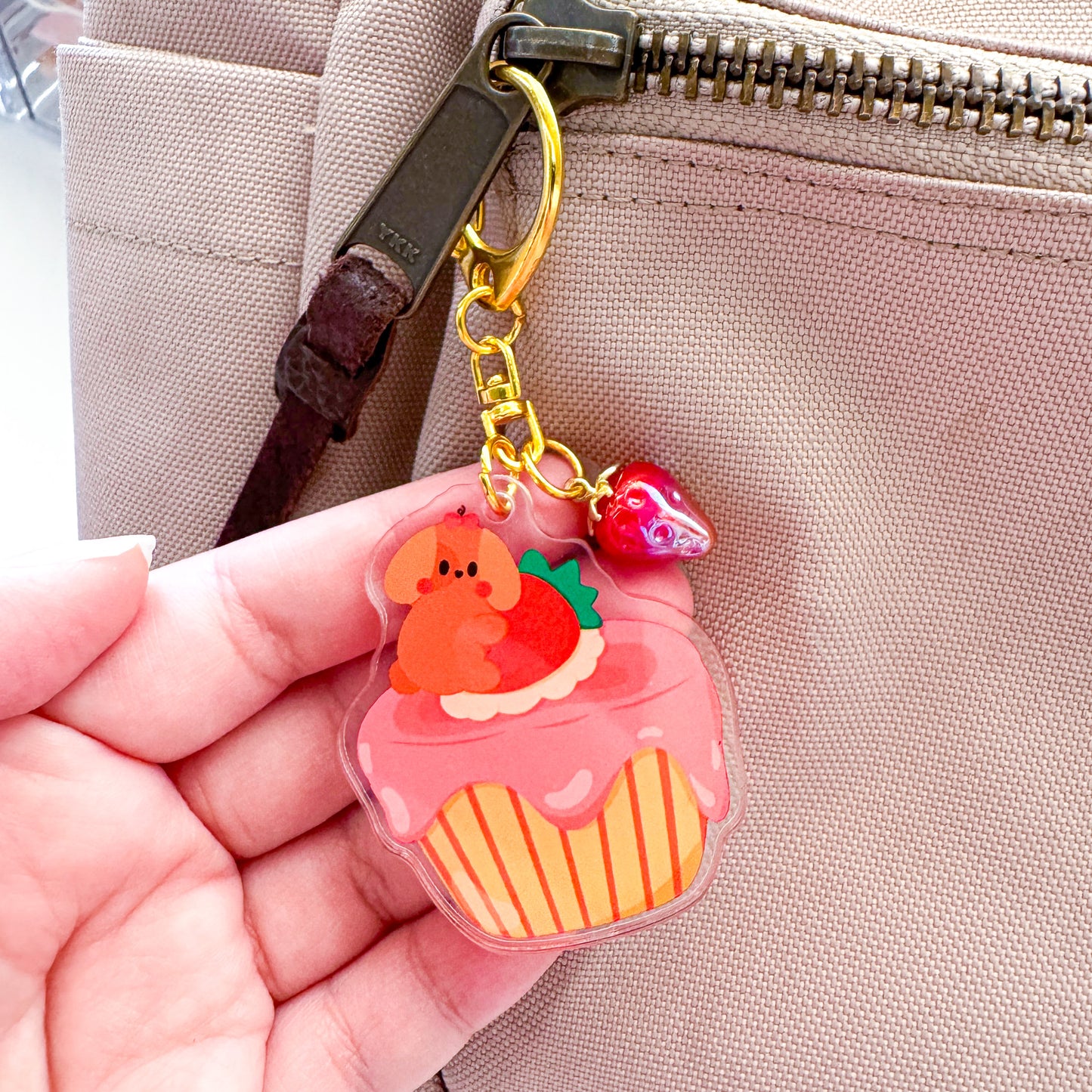 Cute Nina Puppy Dog Strawberry Cupcake Linked Acrylic Keychain