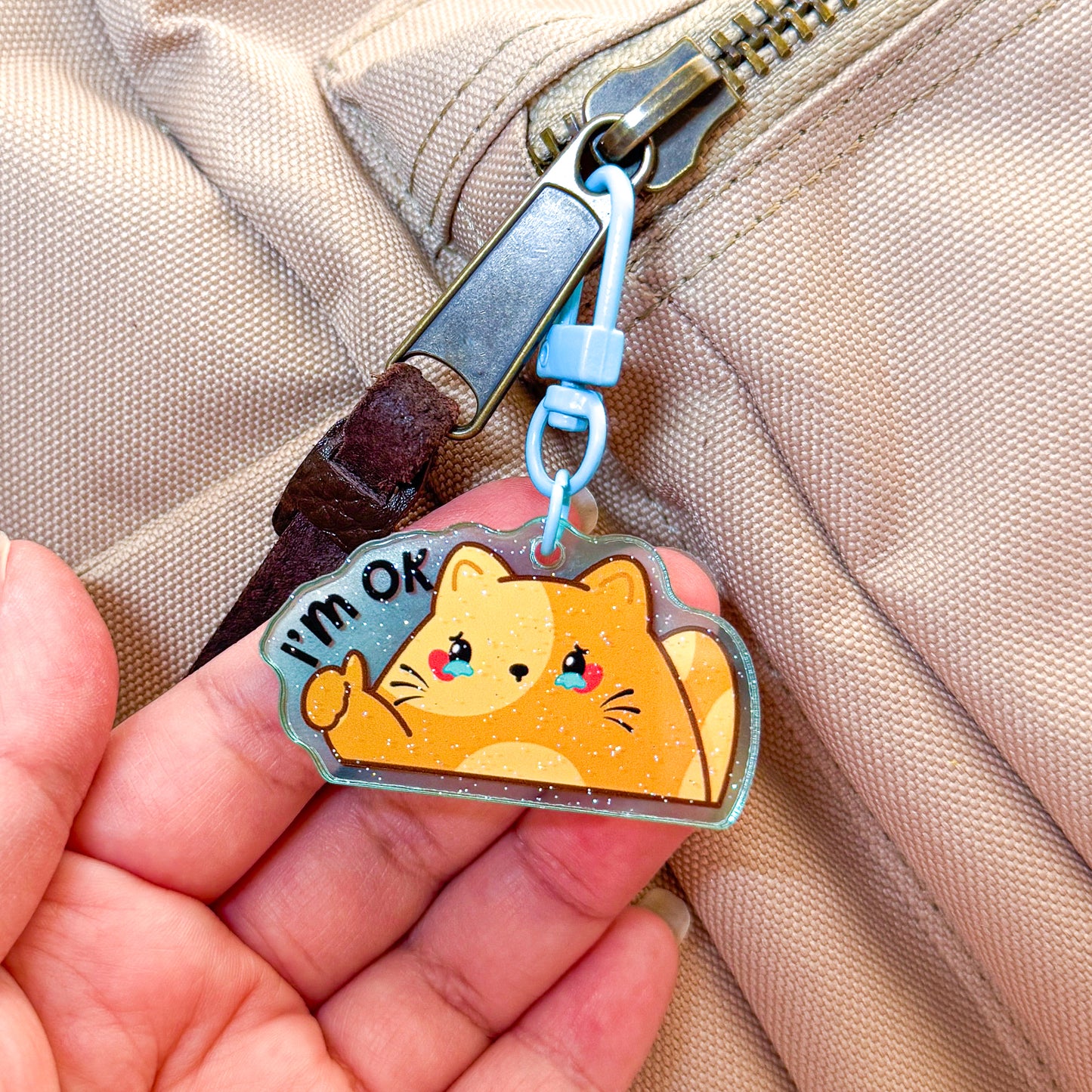 Funny Meme Brown Cat "I'm Ok" Holographic Sparkly Acrylic Keychain