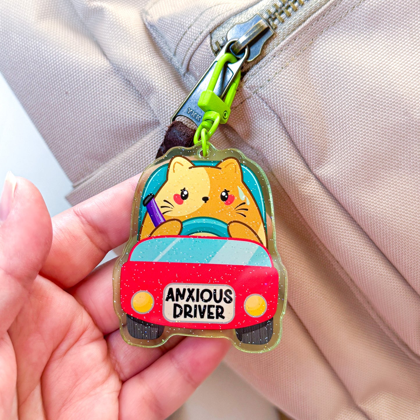 Cute Brown Cat "Anxious Driver" Holographic Sparkly Acrylic Keychain