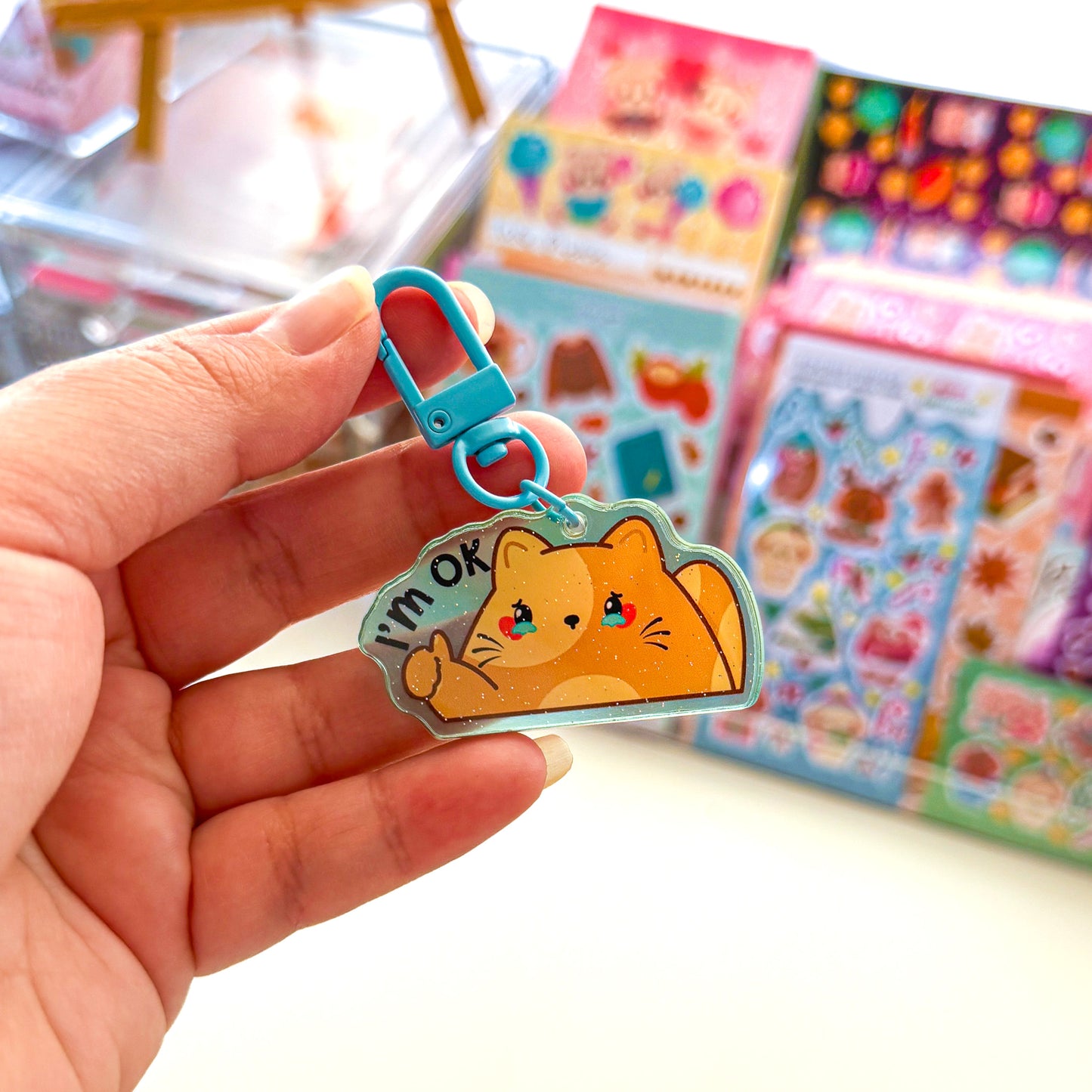 Funny Meme Brown Cat "I'm Ok" Holographic Sparkly Acrylic Keychain