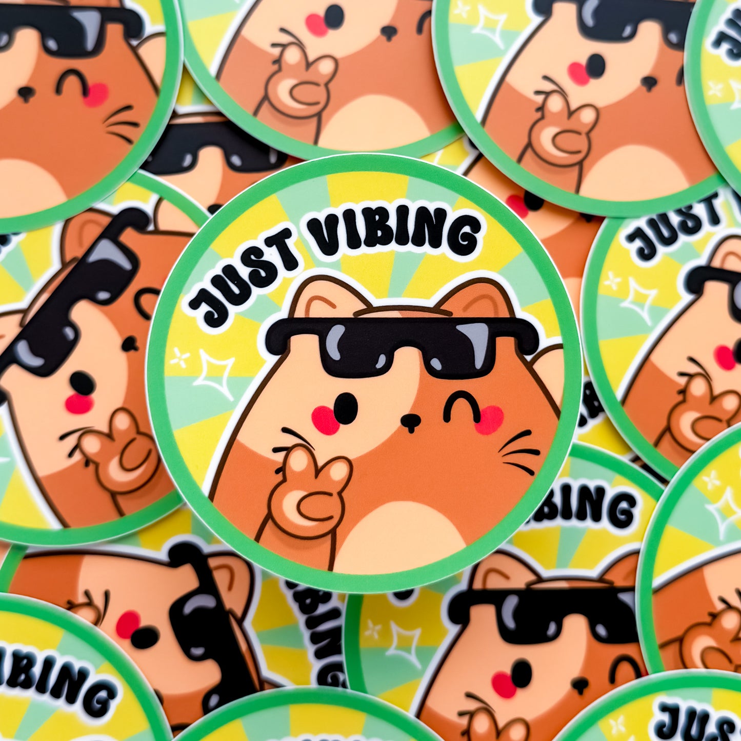 Funny Chubby Chubbs Brown Cat "Just Vibing" Waterproof Vinyl Die-Cut Sticker