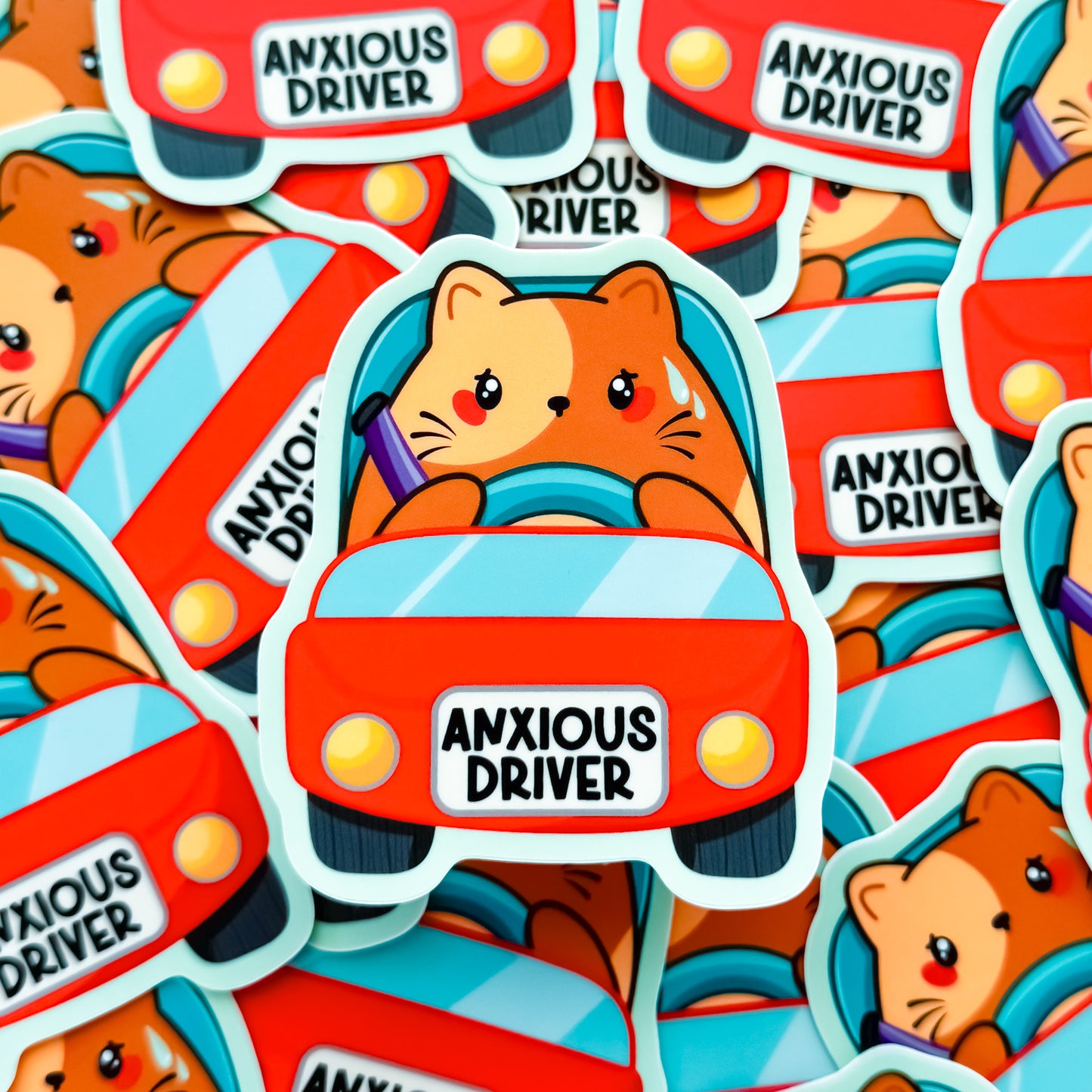 Cute Chubby Chubbs Brown Cat "Anxious Driver" Waterproof Vinyl Die-cut Sticker