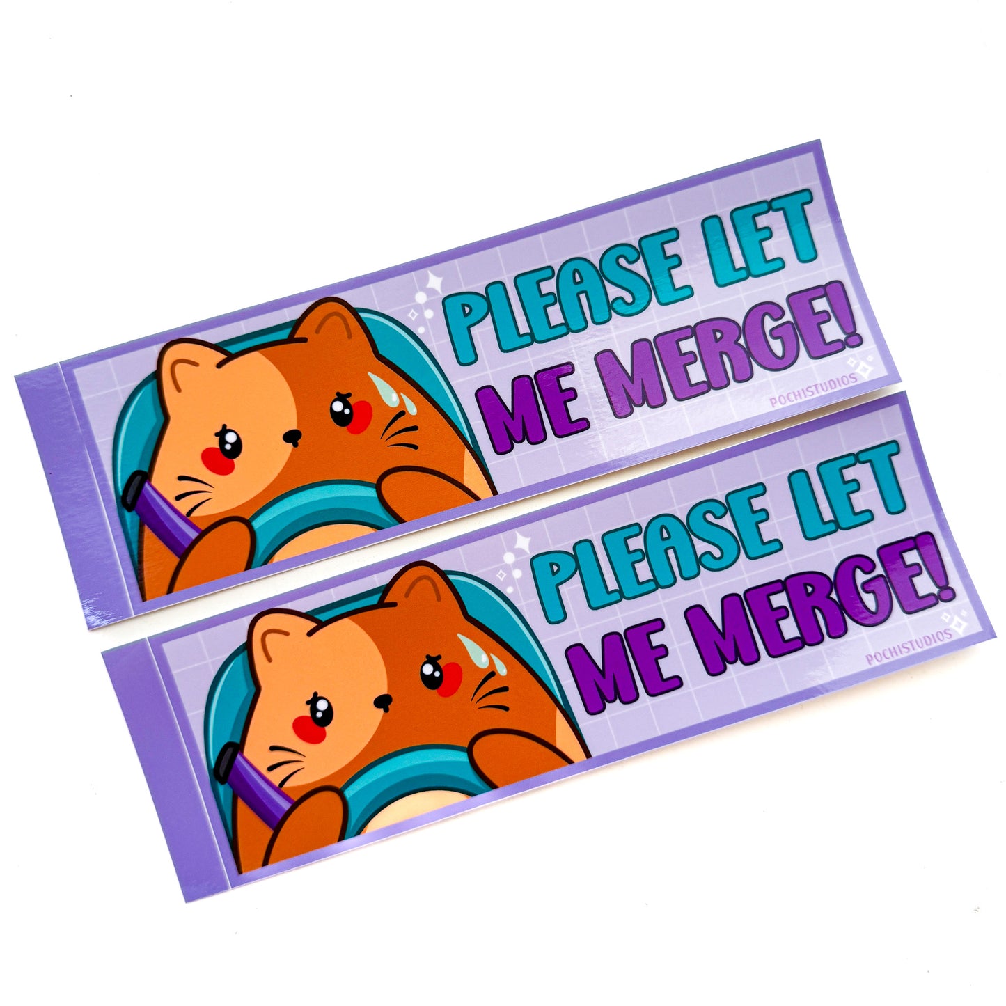 Adorable Chubby Brown Cat "Please Let Me Merge" 3x8 inch Waterproof Glossy Bumper Sticker