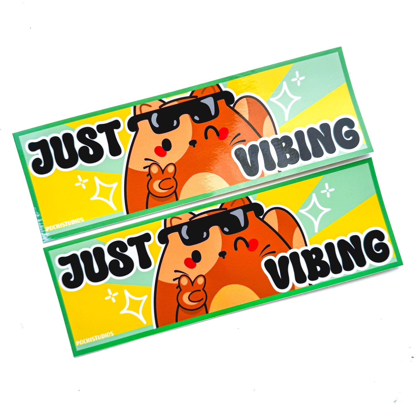 Funny Chubby Brown Cat "Just Vibing" 3x8 inch Waterproof Glossy Bumper Sticker