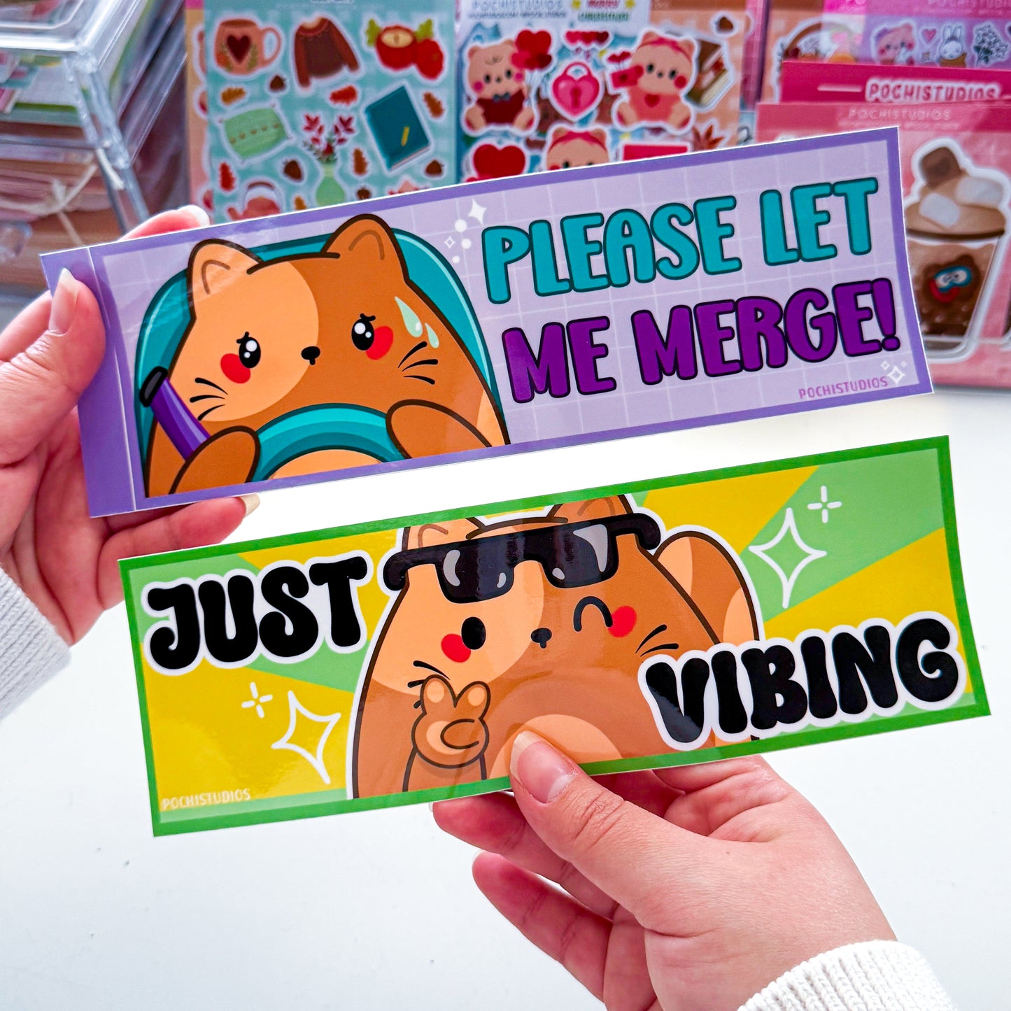 Adorable Chubby Brown Cat "Please Let Me Merge" 3x8 inch Waterproof Glossy Bumper Sticker
