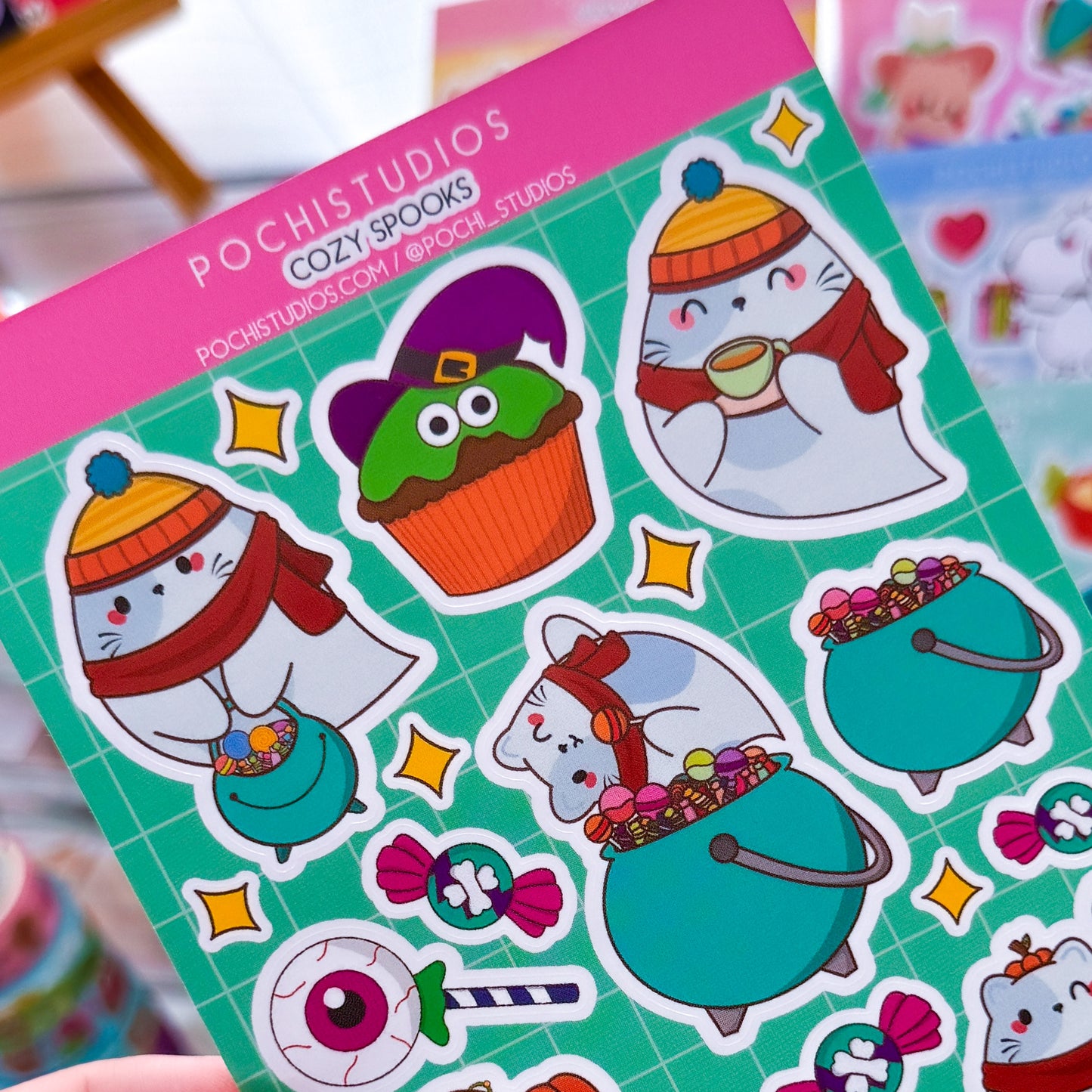 Cozy Spooks Ghostie Chubbs Cat Vinyl Matte Sticker Sheet