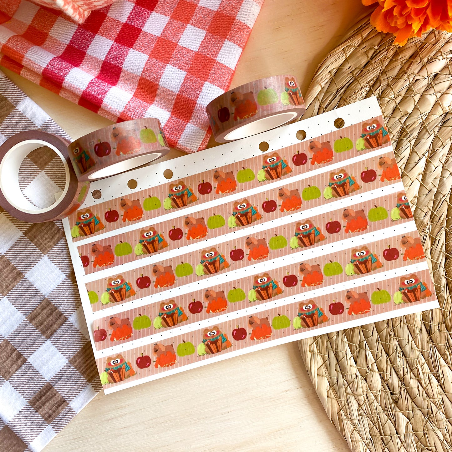 Cozy Autumn Pochi Bear & Nina Puppy Fall Pumpkin and Apple Harvest Washi Tape