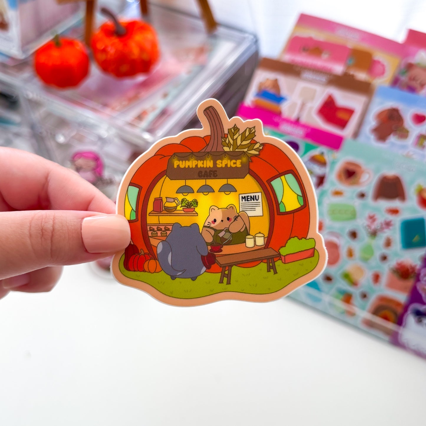 Cozy Fall Pumpkin Spice Cafe Chubbs Cat Waterproof Die-cut Sticker