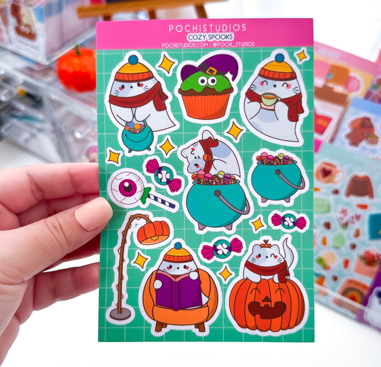 Cozy Spooks Ghostie Chubbs Cat Vinyl Matte Sticker Sheet