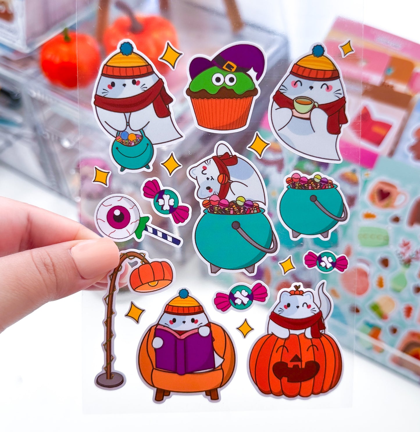 Cozy Spooks Ghostie Chubbs Cat Vinyl Matte Sticker Sheet