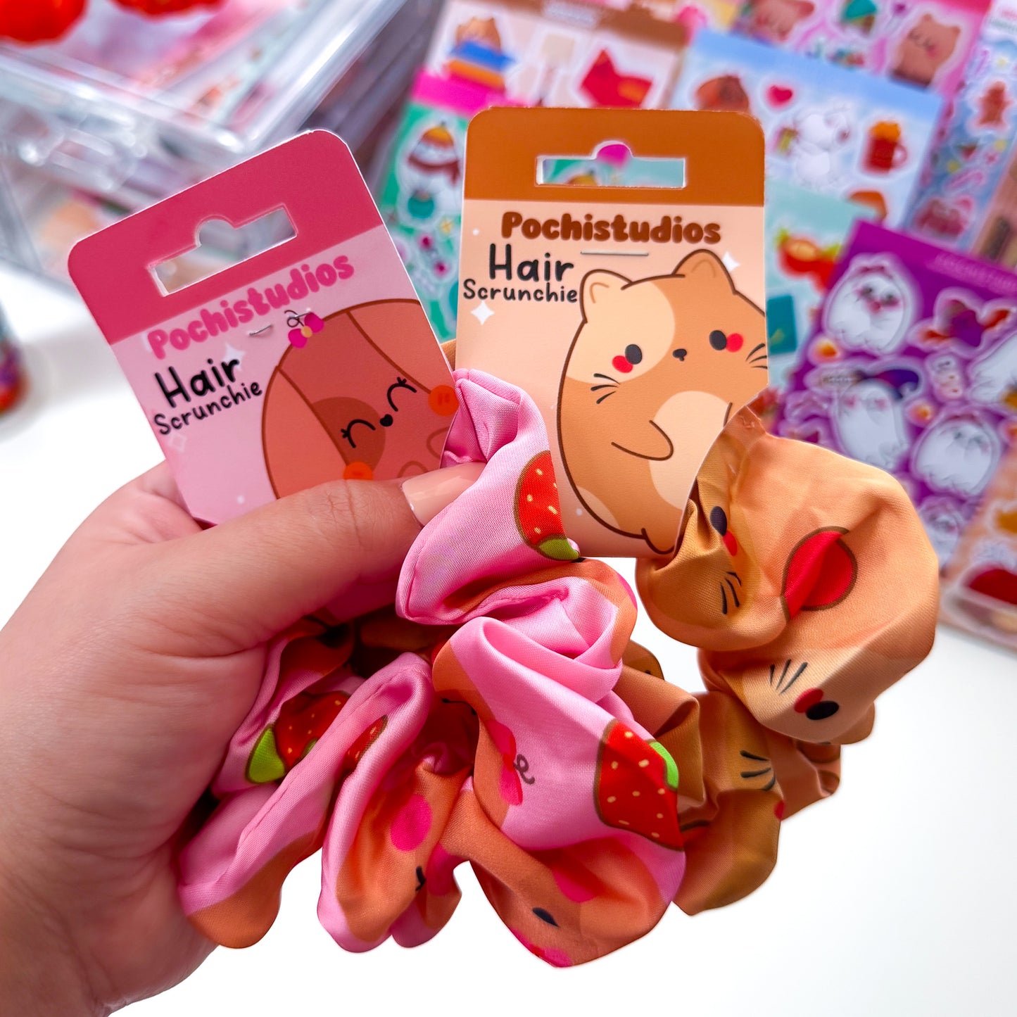 Cute Chubbs Cat & Nina Dog Satin Hair Scrunchies "Choose your Favorite!"