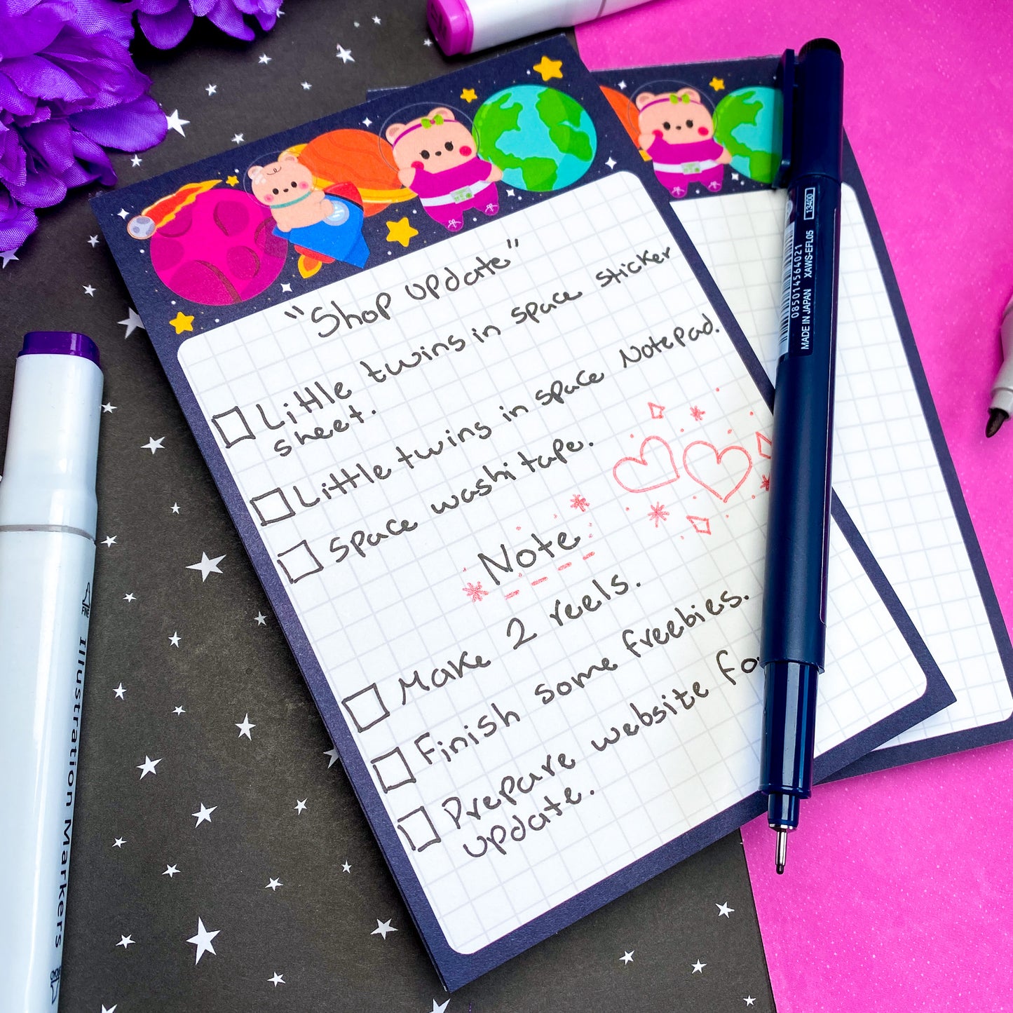 Little Baby Bear Twins Cookie & Berries "Space and Planets" 4x6 inch Notepad