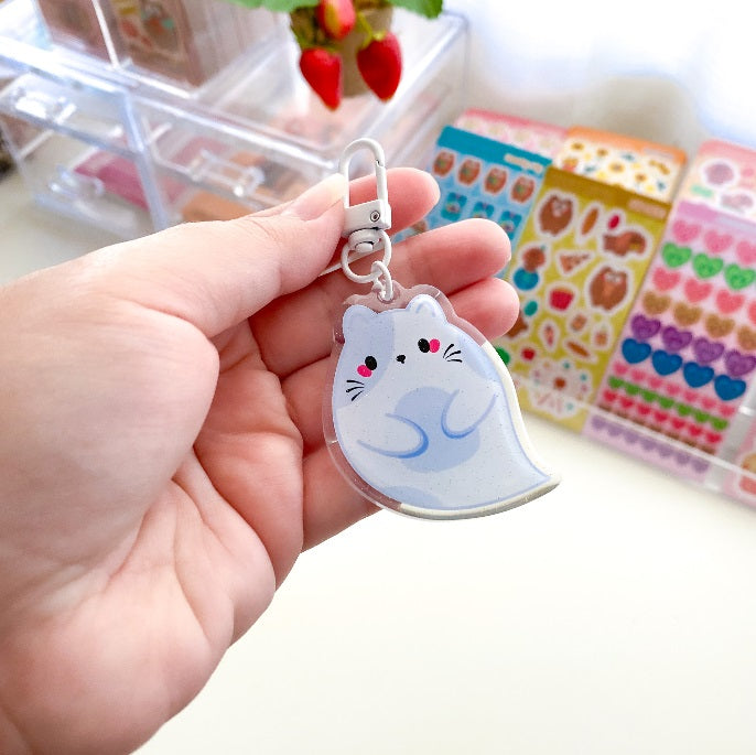 Chubbs Chubby Kitty Ghost Halloween Glitter Epoxy Keychain