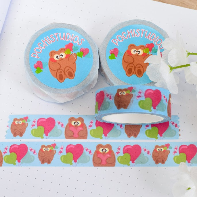 Cute Blue Pochi Bear Heart Balloons Washi Tape