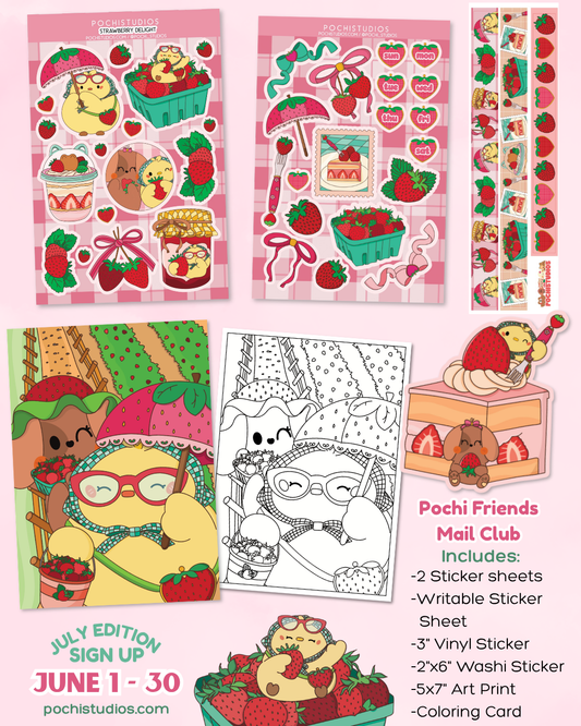 Pochi Friends Mail Club July Edition with stickers and coloring card on a pink background