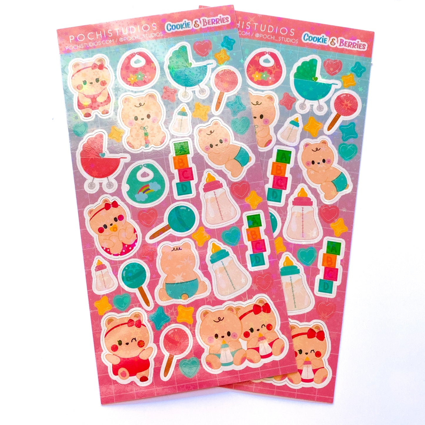 Cute Baby Bear Twins Cookie & Berries Holographic Sparkly Vinyl Sticker Sheet