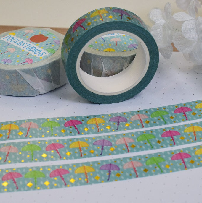 Rainy Multicolor Umbrellas Gold Foil Washi Tape