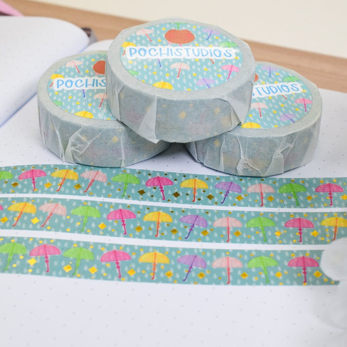 Rainy Multicolor Umbrellas Gold Foil Washi Tape