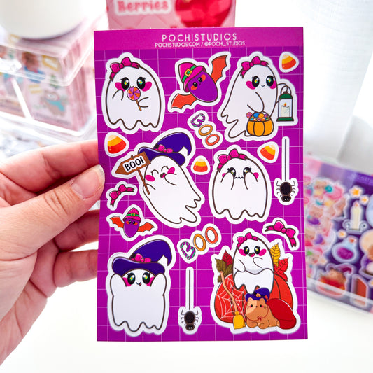 Spooky Cute Witch Cat Chubbs & Coquette Ghostie Halloween Matte Vinyl Sticker Sheet