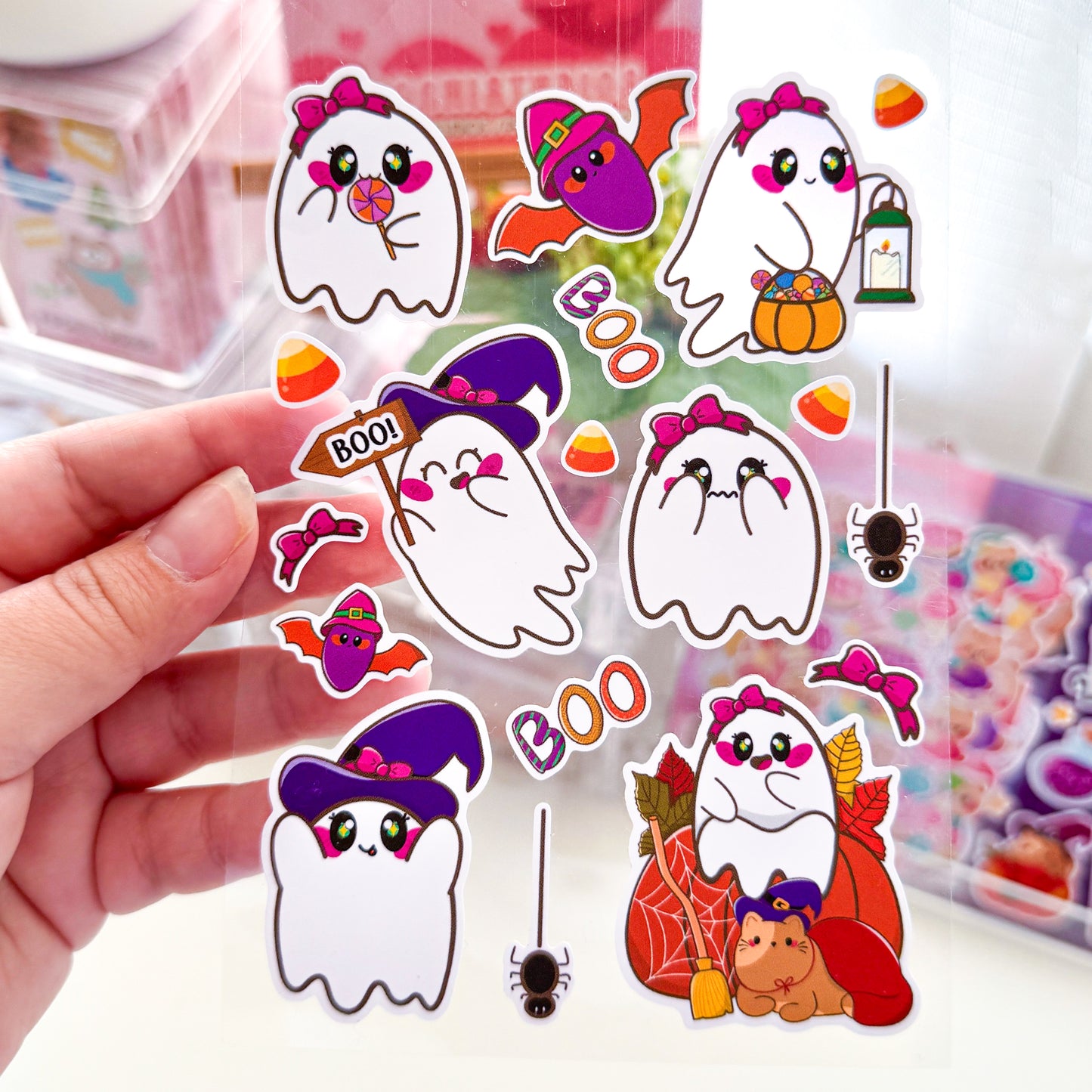 Spooky Cute Witch Cat Chubbs & Coquette Ghostie Halloween Matte Vinyl Sticker Sheet