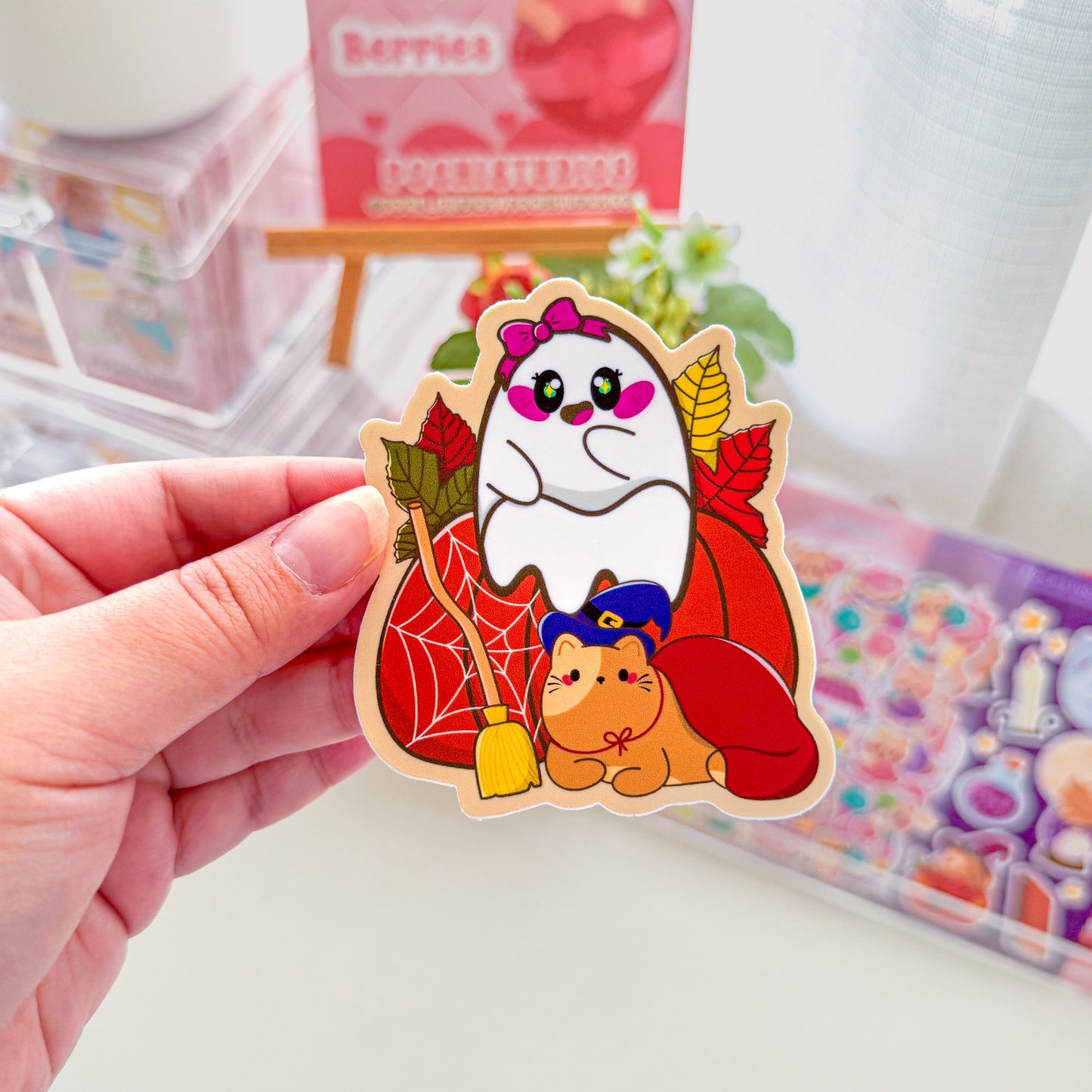 Spooky Cute Witch Cat Chubbs & Coquette Ghostie Halloween Waterproof Vinyl Sticker