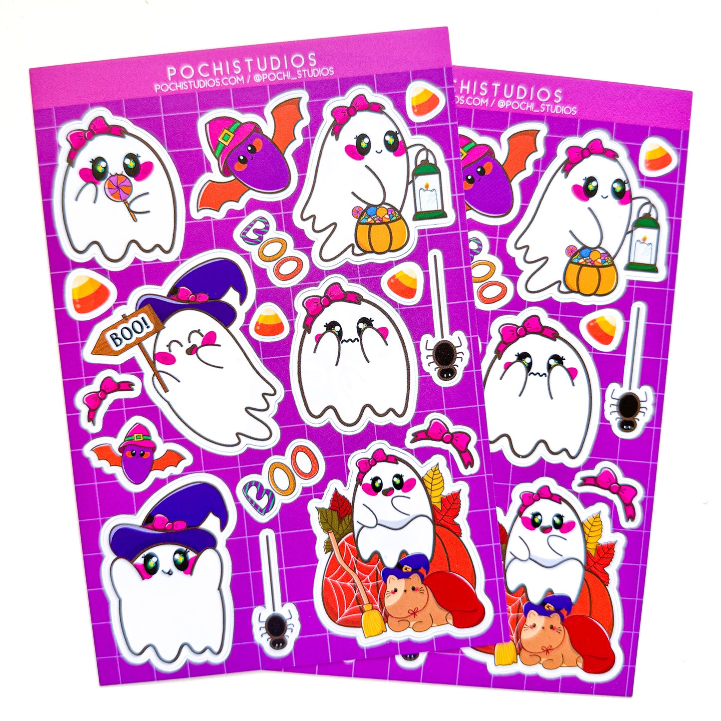 Spooky Cute Witch Cat Chubbs & Coquette Ghostie Halloween Matte Vinyl Sticker Sheet