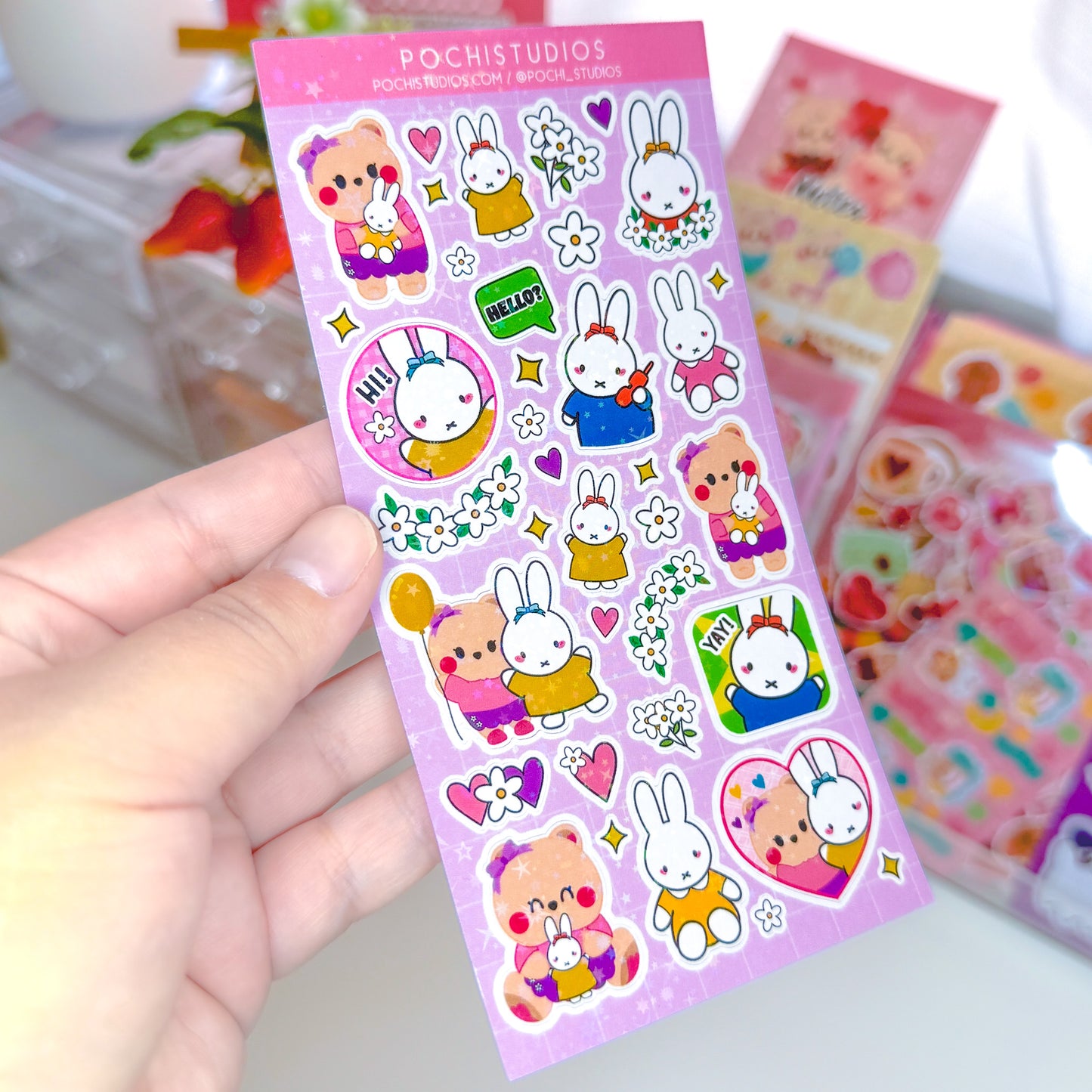 Adorable Pink sparkle Berries & Cute Bunny Friends Holographic Sticker Sheet