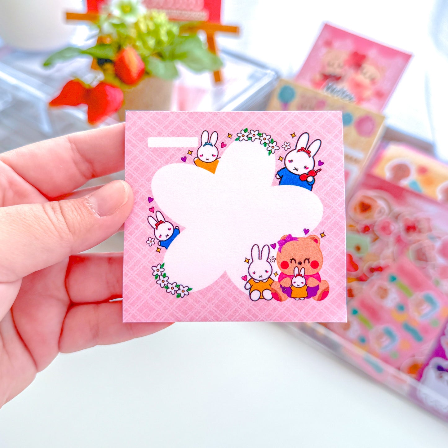 Baby ear Berries & Cute Bunny Friendship Flowers Pink 3x3 inch Sticky Notes