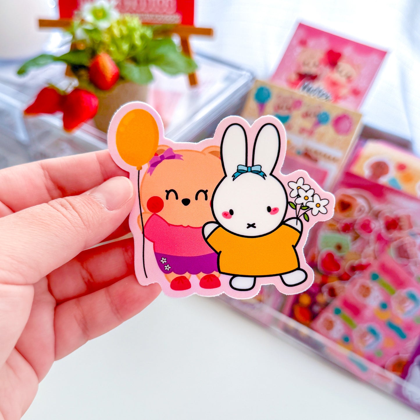 Cute Baby Bear Berries & Bunny friend Pink Matte Waterproof Die-cut Vinyl Sticker