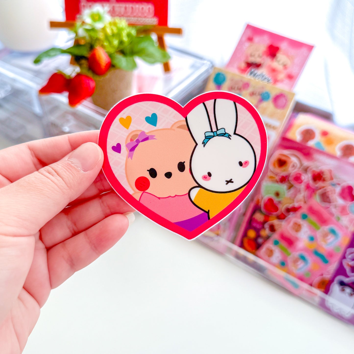 Pink Heart Bear Berries Kawaii Bunny Friendship Matte Waterproof Die-cut Vinyl Sticker