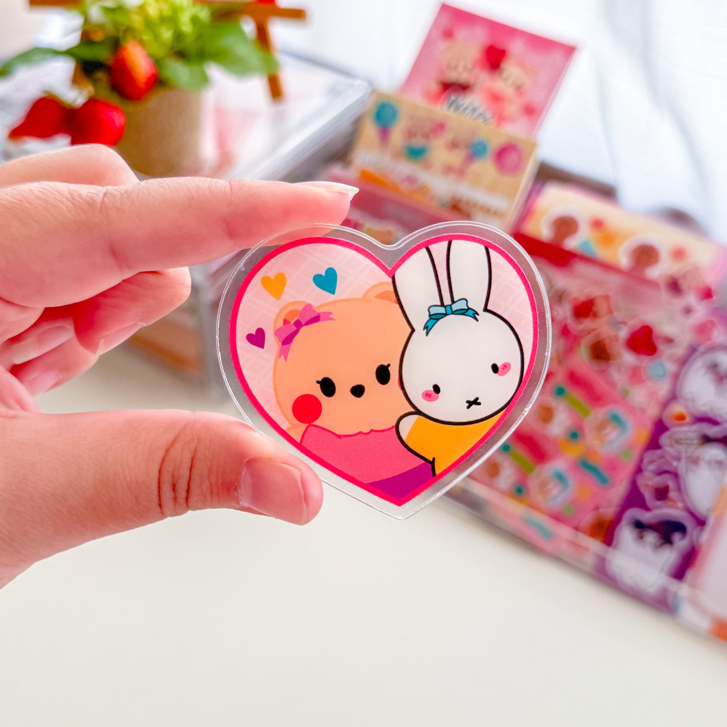 Kawaii Berry Bear & Colorful Bunny Heart Friendship Acrylic Phone Grip