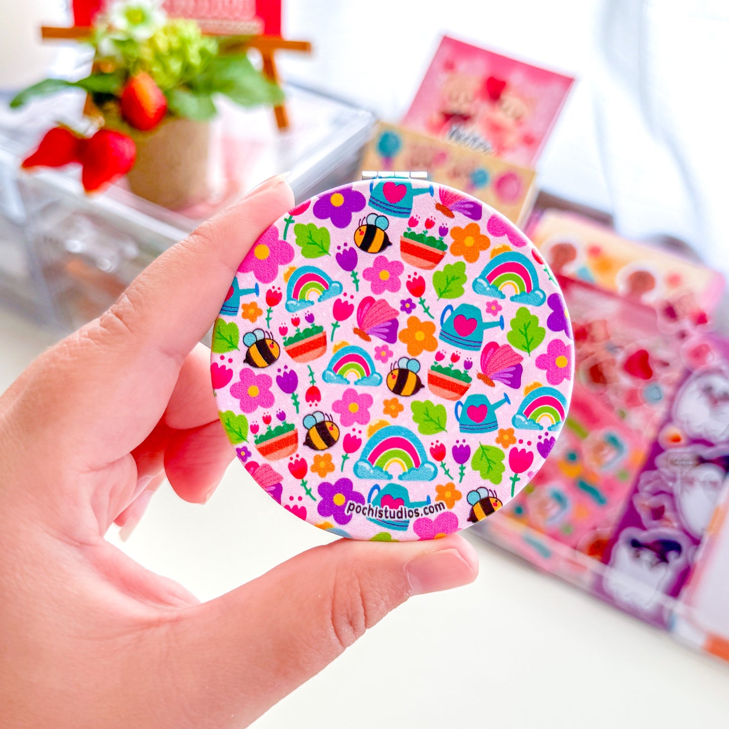 Colorful Pink Patterned Spring Icons Round Compact Mirror