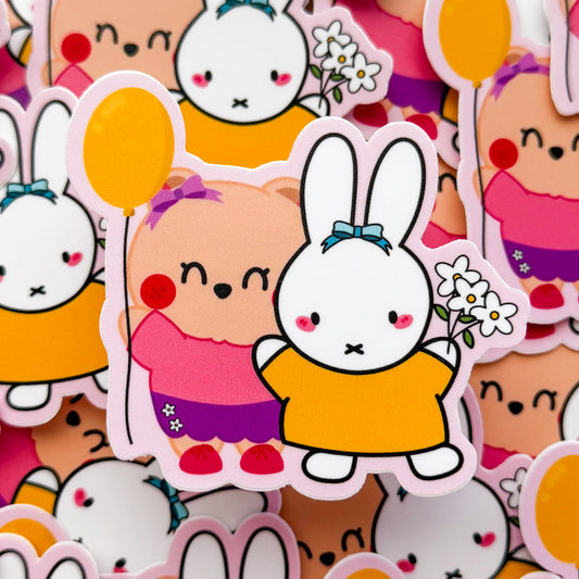 Cute Baby Bear Berries & Bunny friend Pink Matte Waterproof Die-cut Vinyl Sticker