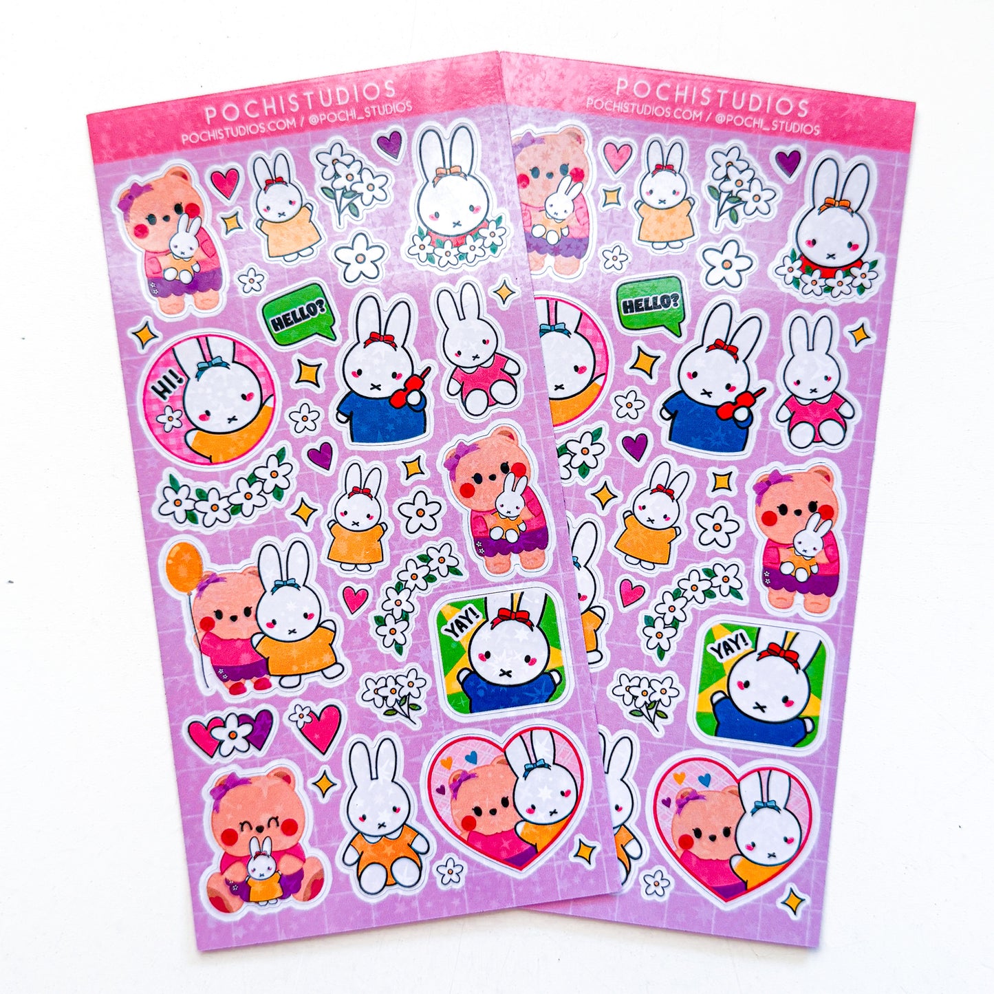 Adorable Pink sparkle Berries & Cute Bunny Friends Holographic Sticker Sheet