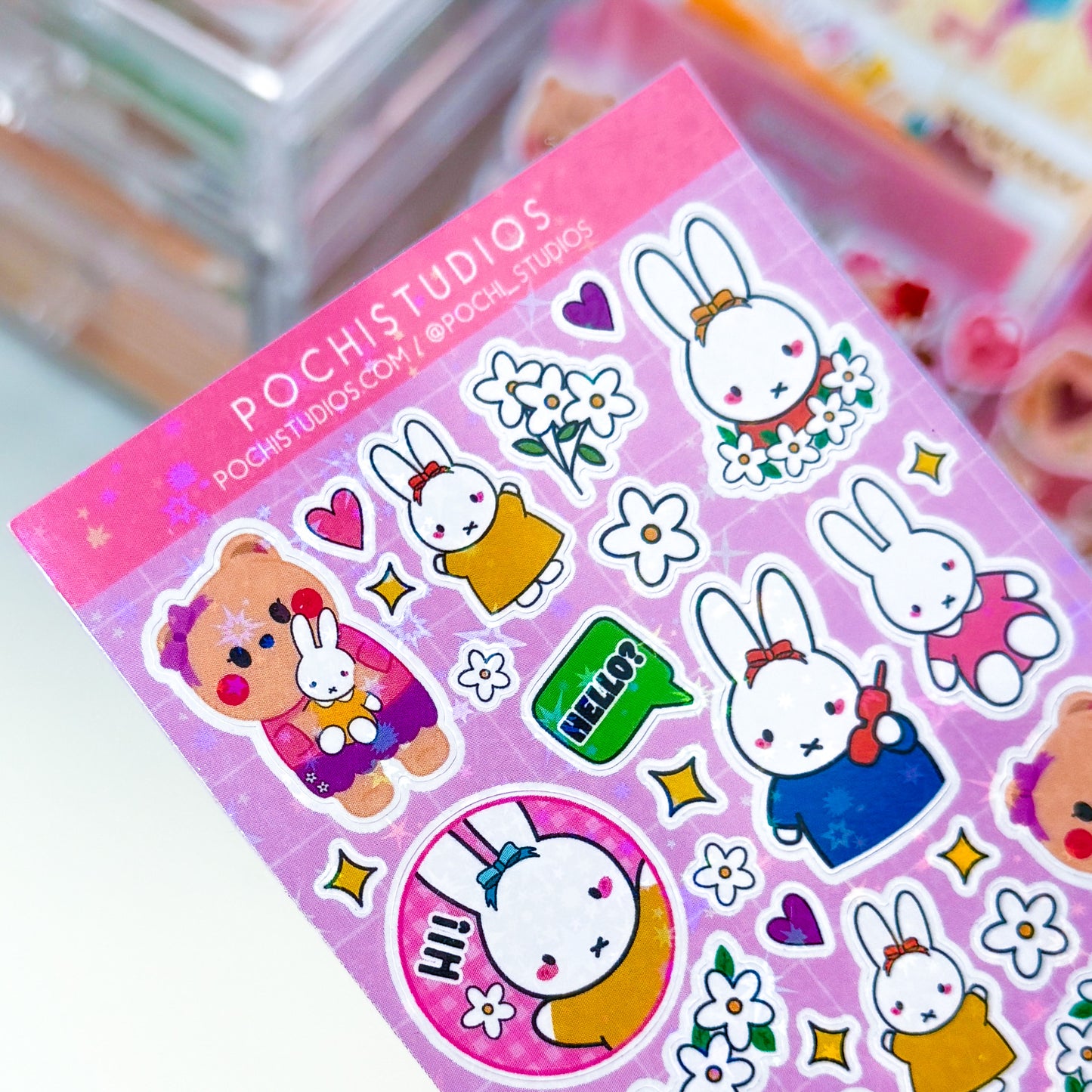 Adorable Pink sparkle Berries & Cute Bunny Friends Holographic Sticker Sheet