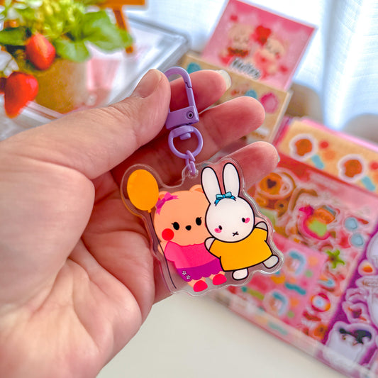 Cute Baby Bear Berries & Bunny Friendship Acrylic Keychain