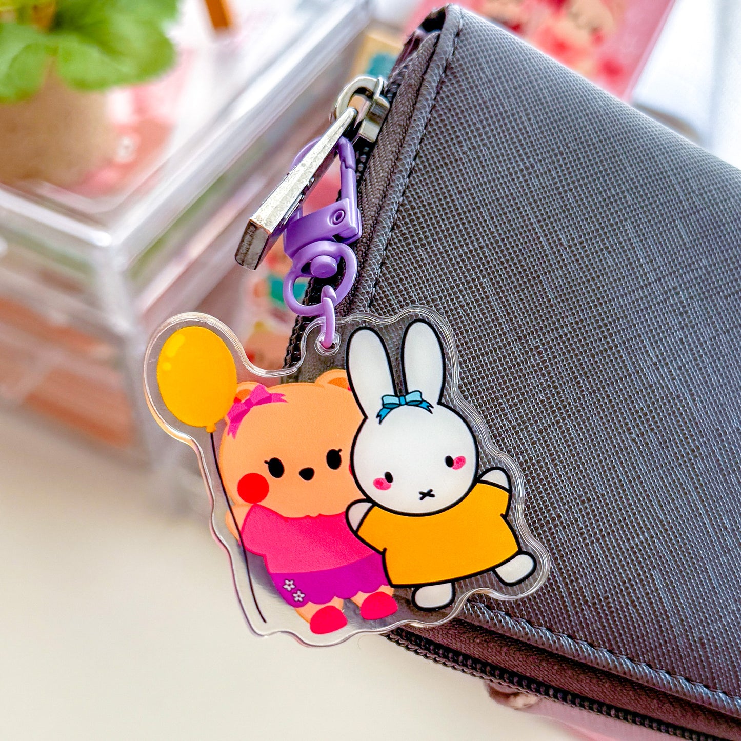 Cute Baby Bear Berries & Bunny Friendship Acrylic Keychain