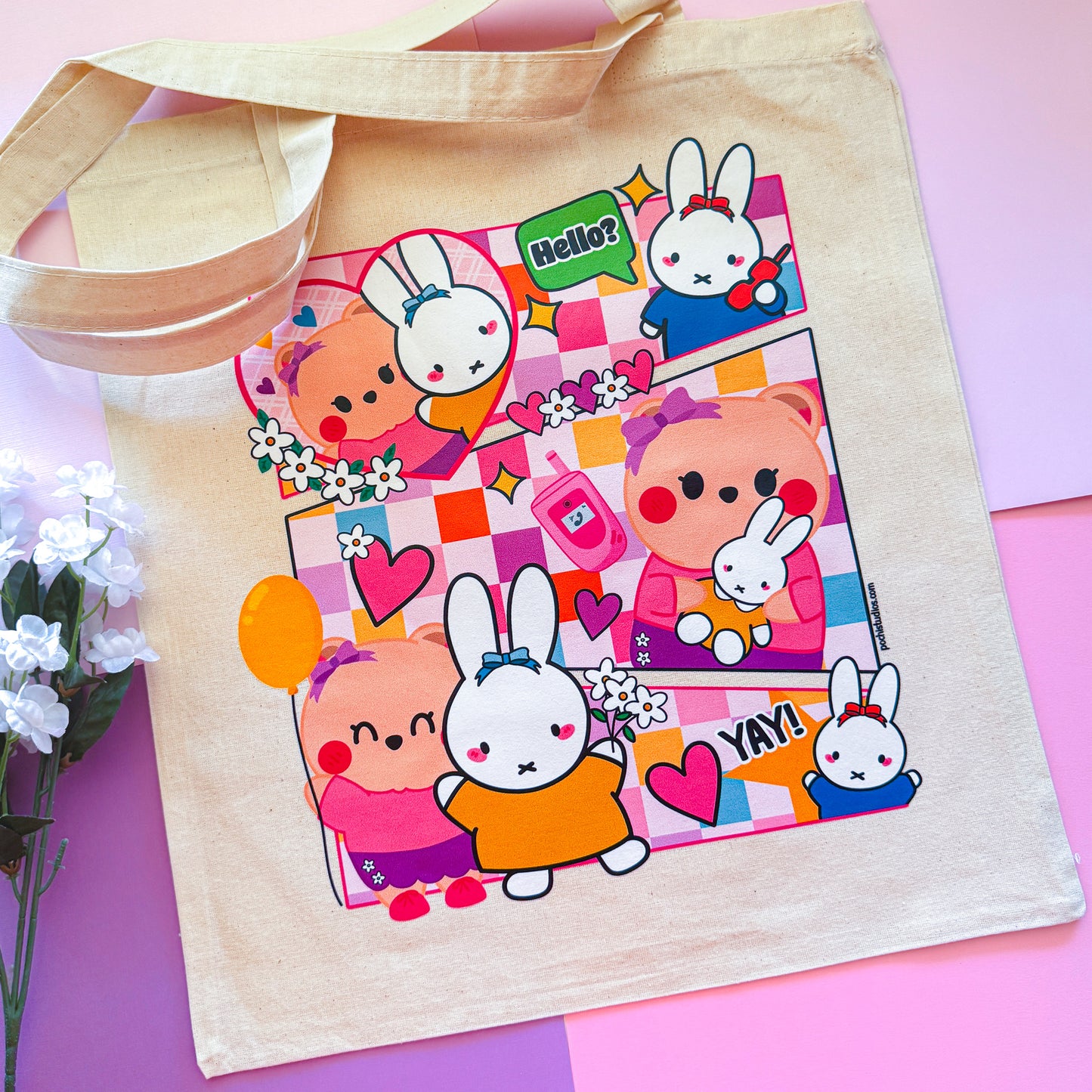 Cute Pink Bear Berries & Bunny Friends Tote Bag