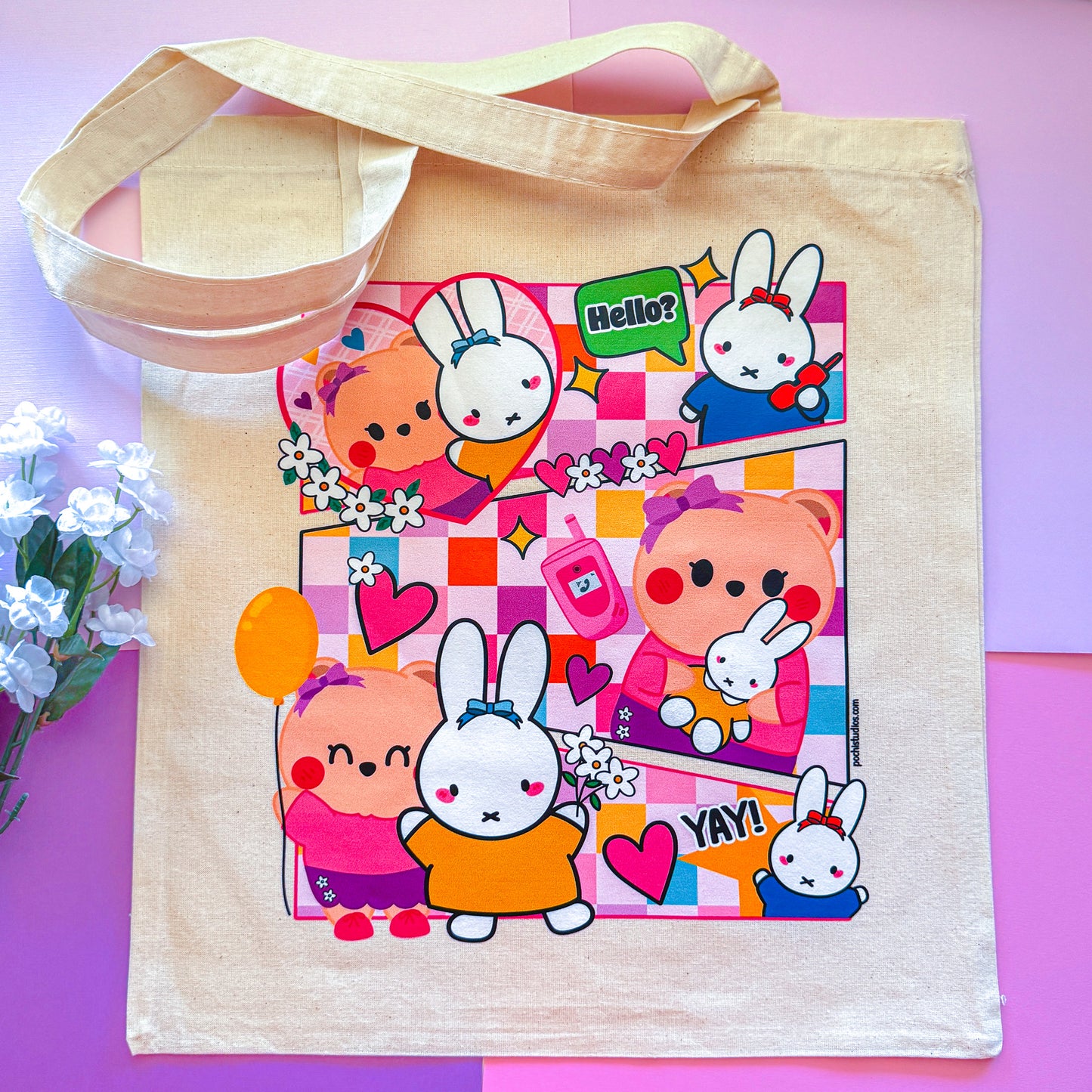 Cute Pink Bear Berries & Bunny Friends Tote Bag