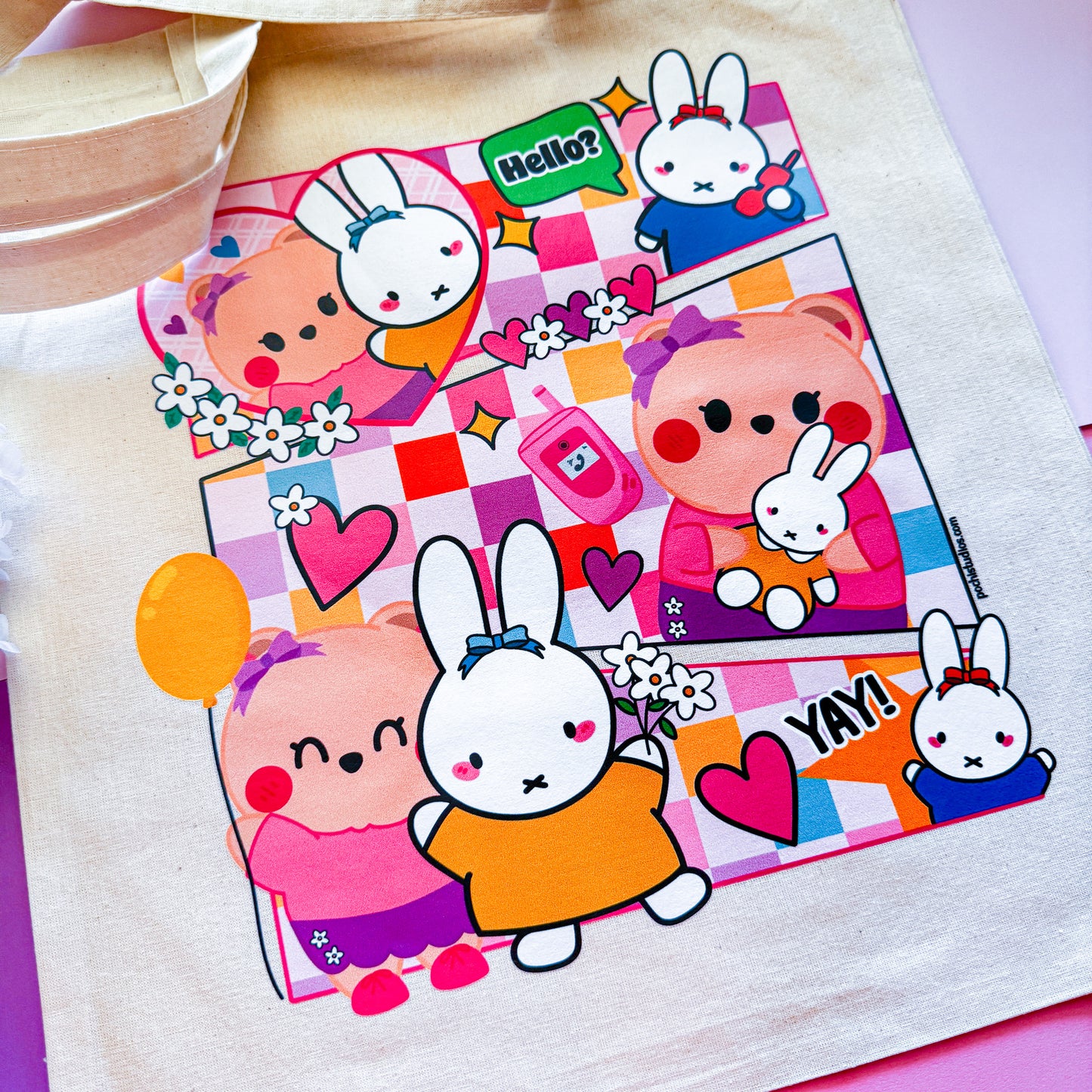 Cute Pink Bear Berries & Bunny Friends Tote Bag