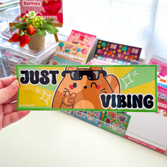 Funny Chubby Brown Cat "Just Vibing" 3x8 inch Waterproof Glossy Bumper Sticker