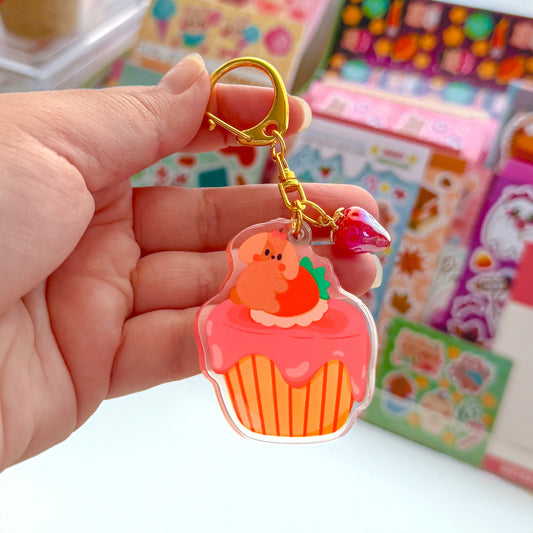 Cute Nina Puppy Dog Strawberry Cupcake Linked Acrylic Keychain