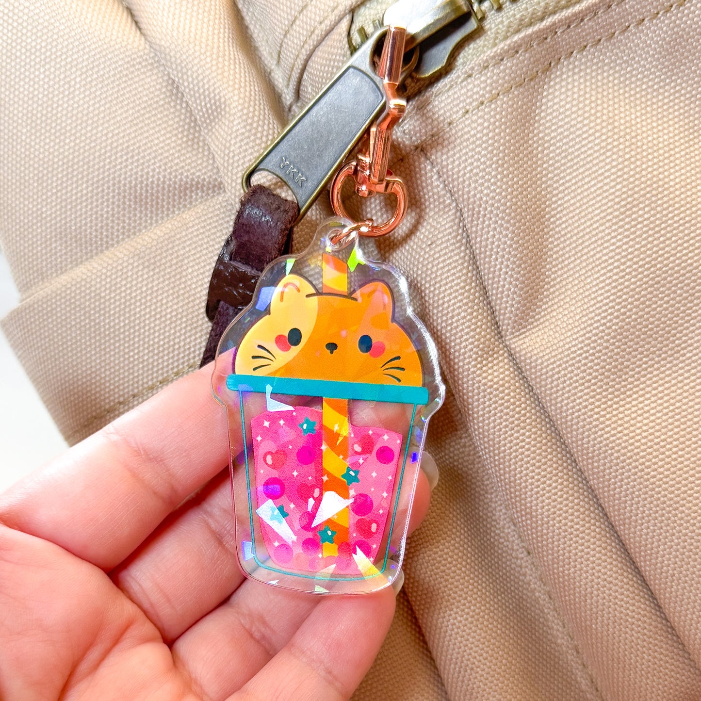Cute Cat Pink Boba Holographic Acrylic Keychain