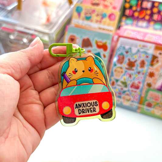 Cute Brown Cat "Anxious Driver" Holographic Sparkly Acrylic Keychain