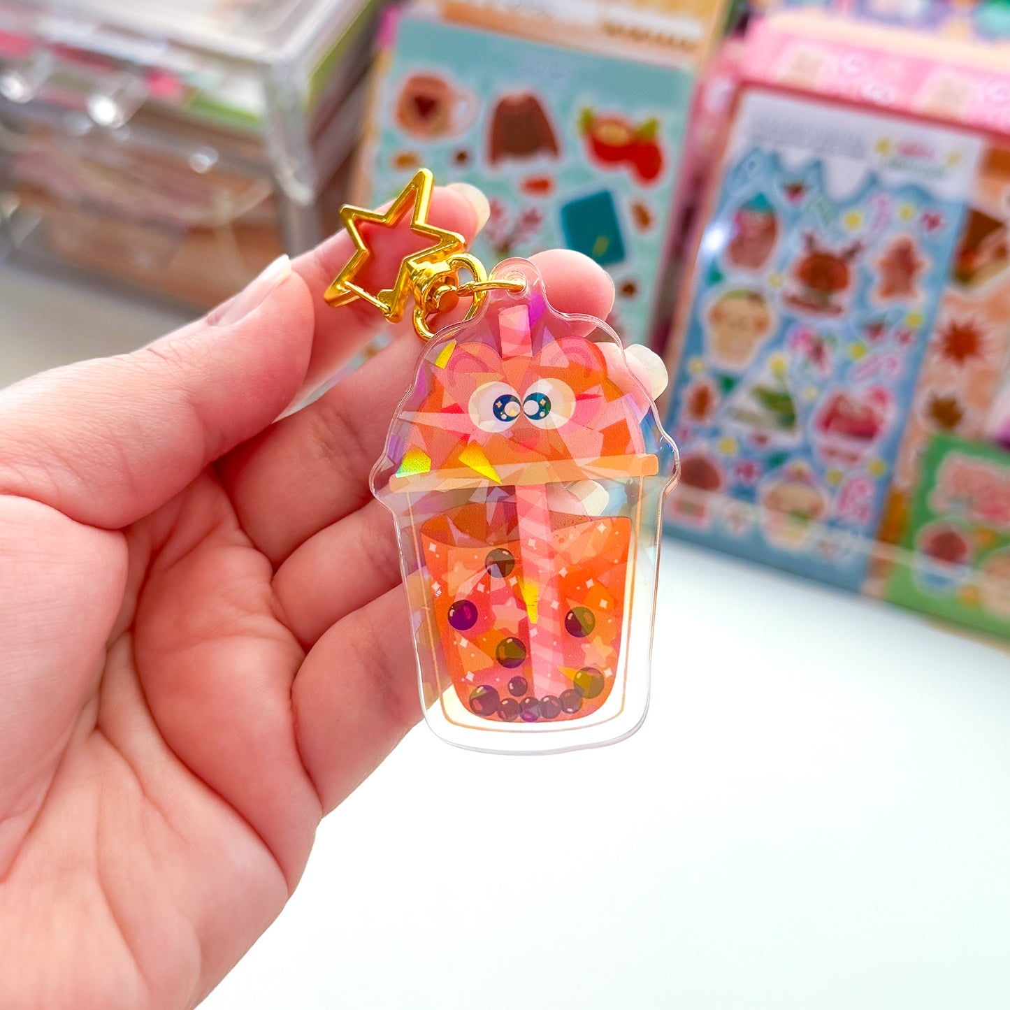 Cute Bear Boba Holographic Acrylic Keychain
